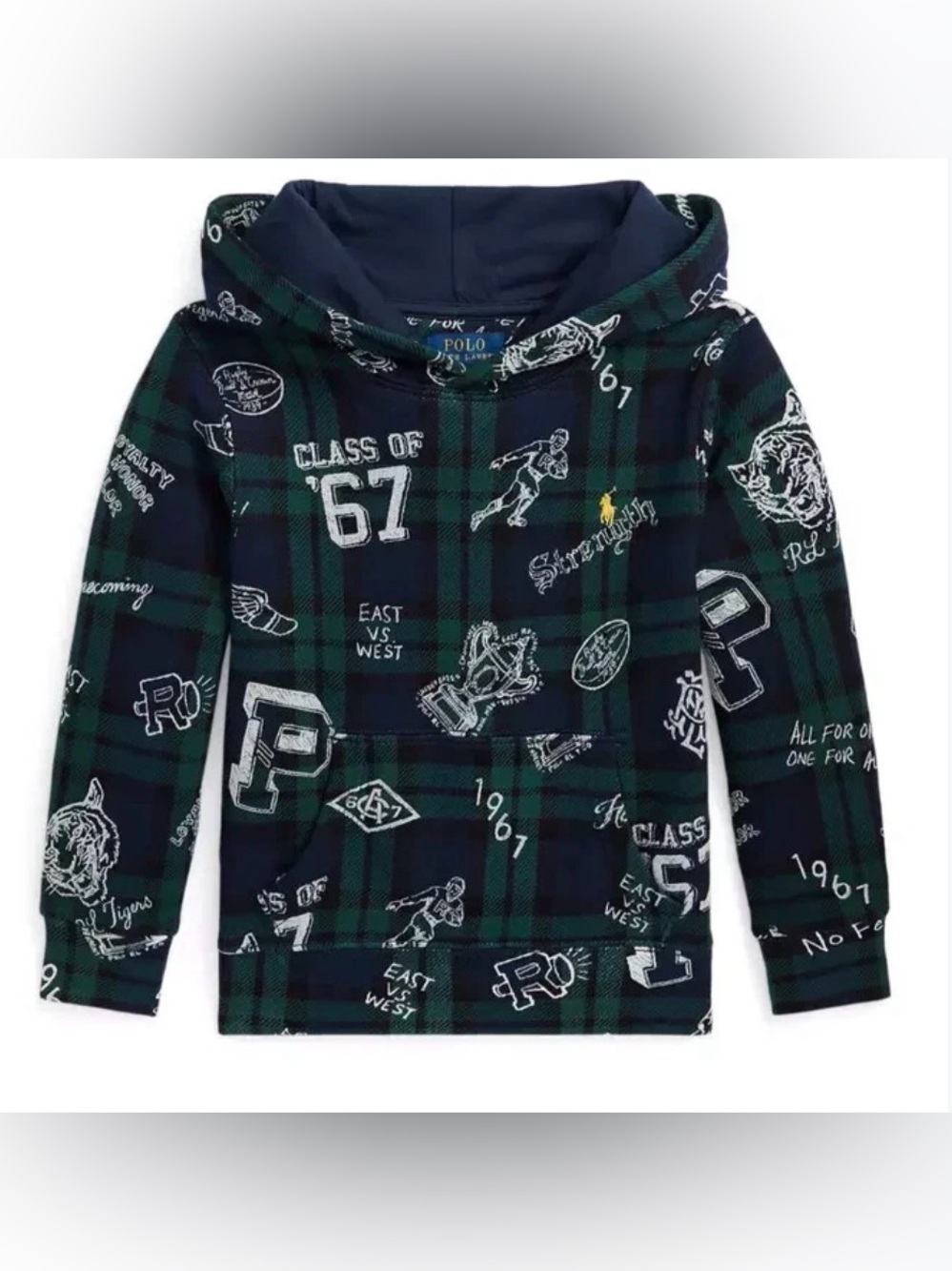 Polo by Ralph Lauren Navy & Green Plaid Graphic Pullover Hoodie new